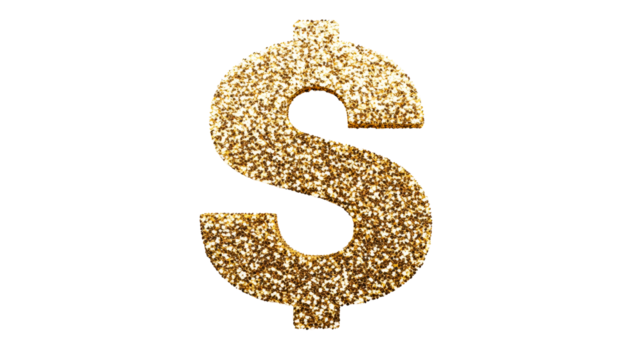 Glittering gold dollar sign symbol on black, cut out transparent