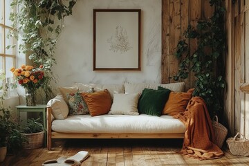 Cozy living room interior with wooden floor, linen sofa, plants, and warm earthy tones. Perfect for home decor, interior design, and lifestyle blogs.