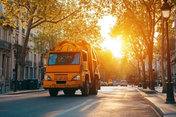 Obraz premium Garbage truck collects waste during sunset in a modern urban area Generative AI