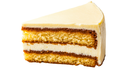 Slice of layered cake with cream frosting, cut out transparent