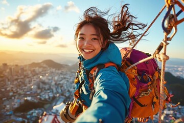 A woman with a backpack on a zip line taking a selfie