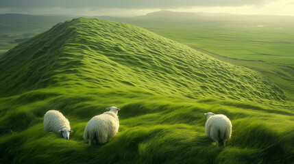 High-definition photography, a few sheeps walking backwards, a vast sea of grass, waves blowing in the wind, looking down from above.