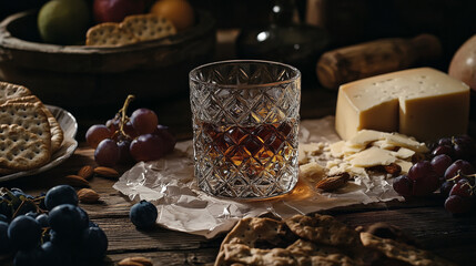 A rustic tableau showcasing a patterned crystal whiskey glass on a wooden table, surrounded by snacks like cheese, crackers, fruit, and nuts on crumpled parchment