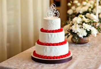A lovely three tier cake with red roses sits on a festive table, inviting joyful gatherings.