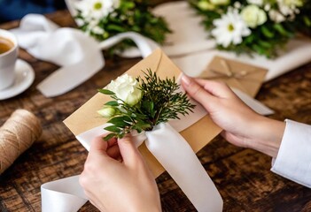 Woman holding envelope with vivid green plant with a bow.