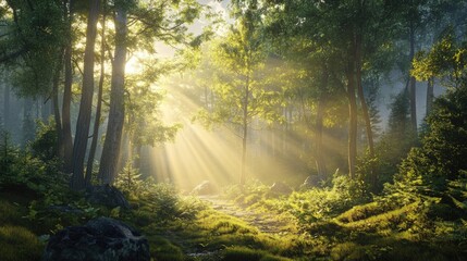 Fototapeta premium Serene forest with sunlight streaming through trees, creating a magical glow.