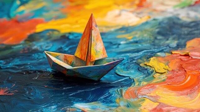 A small paper boat made from colorful painted paper sits in an abstract ocean of thick paint strokes of orange, blue, yellow, and white hues, afloat in the artwork.