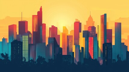 Naklejka premium A vibrant digital painting of a city skyline at sunset, featuring a bold color palette and geometric abstraction, evoking a sense of urban energy and modern aesthetic appeal.