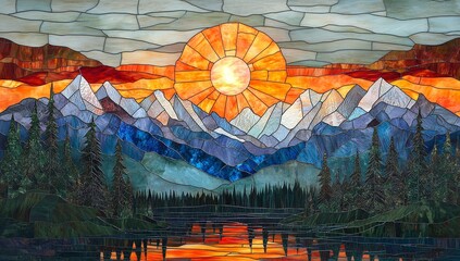 Obraz premium Vibrant stained glass artwork depicting a breathtaking sunset over majestic mountains and a tranquil lake. Warm oranges and blues dominate the scene.