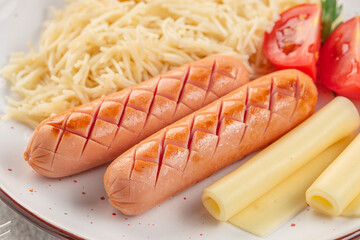 grilled sausages bbq with pasta, Food recipe background. Close up. top view