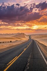 Fototapeta premium Road Winding Through Desert Under Colorful Sunset Sky Generative AI