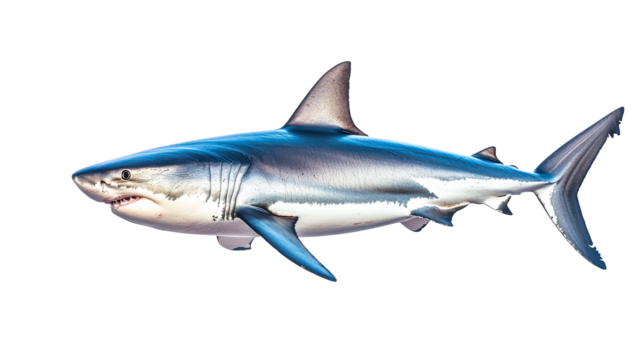 Shark with sharp teeth, fins and tail, isolated black background, cut out transparent