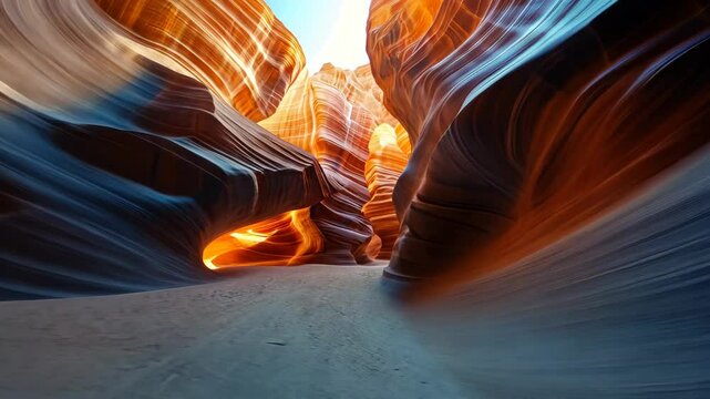 Sunlit antelope canyon with vivid glowing orange and blue rock formations