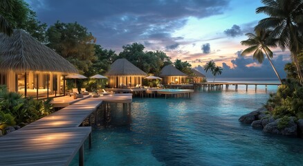 Fototapeta premium Relaxing Sunset View at Tropical Beach Resort With Charming Overwater Bungalows