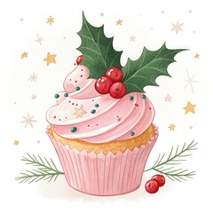 Festive Cupcake Decorated With Holly and Berries in Winter Generative AI