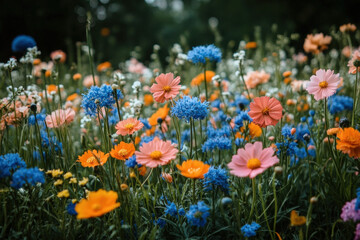 An enchanting image of a field covered in a diverse array of spring flowers.