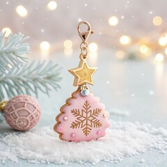 Delightful Pink Tree Charm With Golden Star and Snowflakes Generative AI