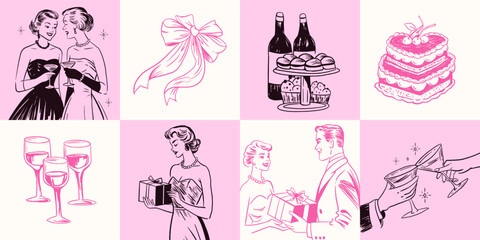 Naklejka premium Hand-drawn retro collage showing drinks, cake, ribbons, and celebration moments, combining coquette aesthetics with vintage charm.