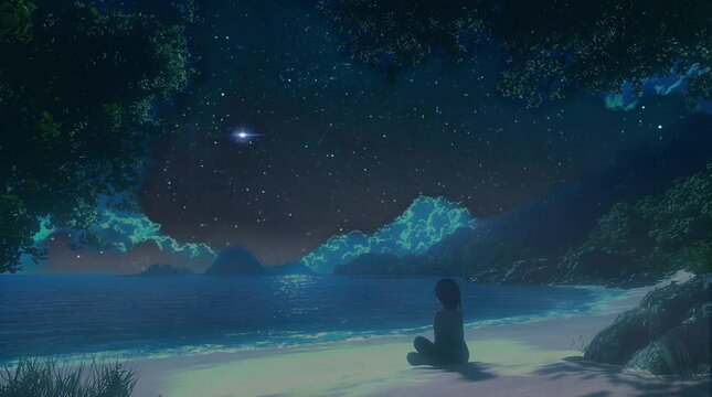 A woman in the beach at night. Seamless looping video animation background