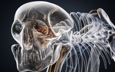 3D Skull Anatomy, Transparent Bones, Visible Vessels Glass-Like Transparent Bone