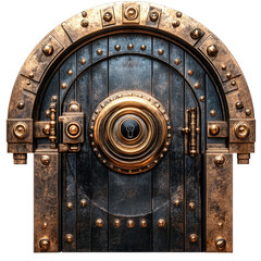 Vintage medieval vault door with iron lock and bolts, antique security entrance isolated on transparent background