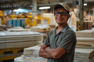 Obraz premium Portrait of a smiling Hispanic worker inside large Furniture factory and interior woof items building factory