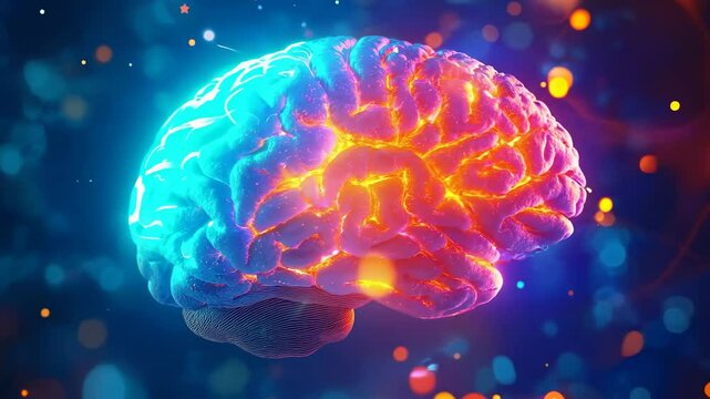 A glowing brain with vibrant colors, viewed from a side angle, evokes a futuristic, digital video style with dynamic, abstract elements. Live desktop wallpaper.