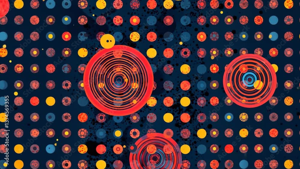 Aufkleber A colorful pattern of circles and dots. The circles are orange and blue. The dots are red and yellow