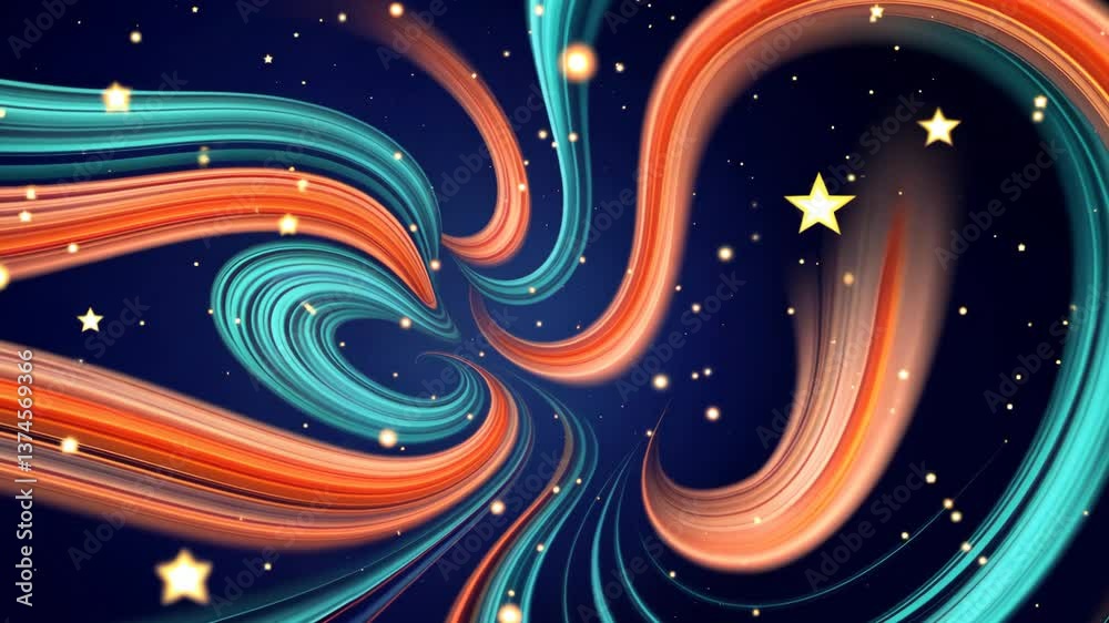 Poster a spiral of orange, blue, and red colors with stars and dots. the spiral is in the middle of the ima