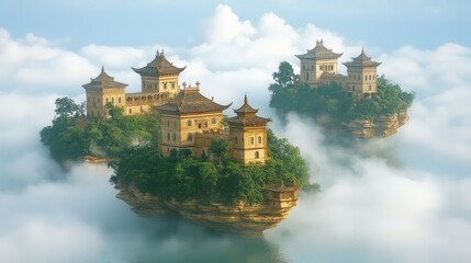 Obraz premium Floating isles with pagodas, nestled in fluffy clouds, serene beauty above the water