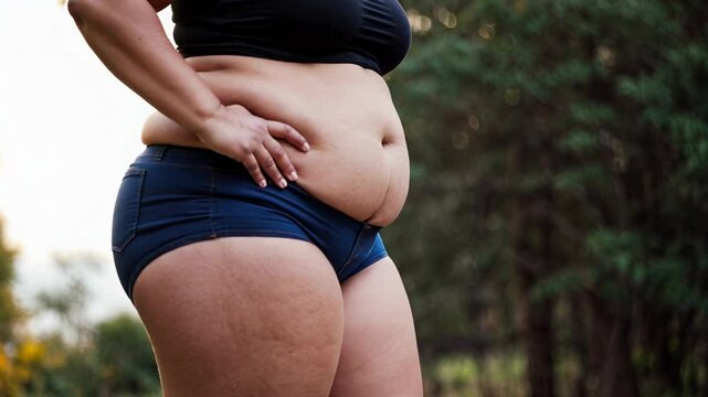 Overweight thigh, woman with fat hips, obesity female body with cellulite	