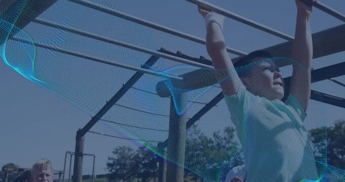 Children playing on monkey bars with digital network animation overlay