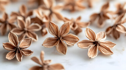 A close-up of dried cinnamon flowers spread evenly on a white background, showcasing their unique shapes and aromatic qualities.