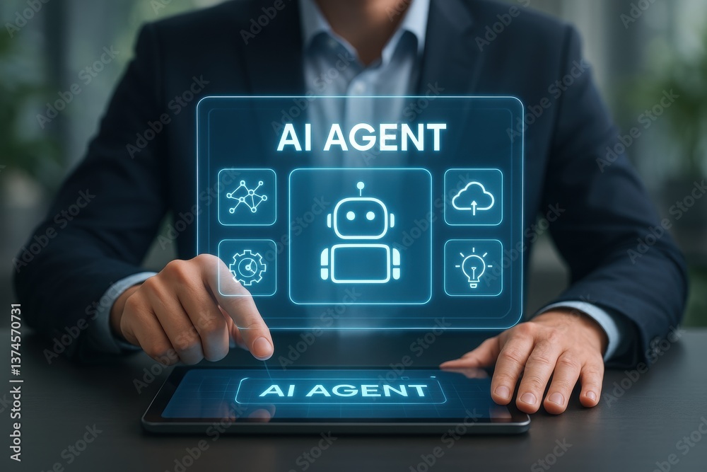 Fototapete AI Agent interaction: A person interacts with a digital tablet displaying an AI agent interface, symbolizing the advancement of technology and human-machine collaboration.