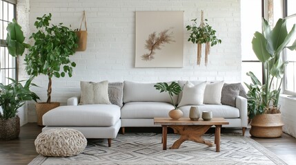 Fototapeta premium A bright and airy living area with a light gray couch, a white brick feature wall, a herringbone parquet floor