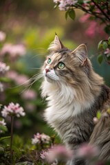 Obraz premium Cat Exploring a Garden Filled With Blooming Flowers Generative AI
