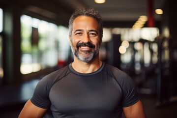 Obraz premium Portrait of a middle age body positive Hispanic man in sporty clothes smiling after running in the city park