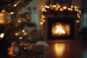 Warm Holiday Evening With a Decorated Christmas Tree and Glowing Fireplace in a Cozy Living Room