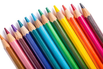Fototapeta premium Diverse Set of Colour Pencils Arranged Neatly on Pure White Background for Creative Projects 