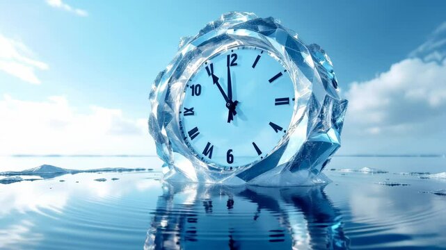 Artistic Blue Clock Made of Ice Floating on Water, Symbolizing Sustainable Passage of Time in Serene Environment