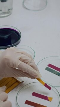 Vertical shot of unrecognizable lab worker wearing latex gloves while using litmus test to check reaction