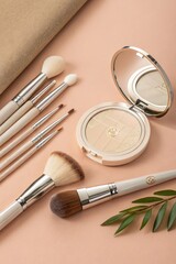 Makeup Tools and Products Arranged on a Soft Surface Generative AI