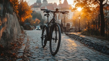 Touring bicycle on a cobblestone road leading into a medieval-style village.