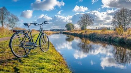 Naklejka premium Touring bike standing on a bridge over a peaceful river, with reflections of the sky.