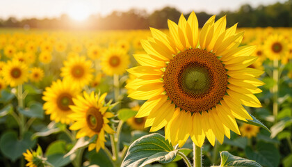 Obraz premium Vibrant sunflower basking in warm afternoon light, agricultural beauty