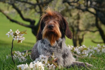 A hunting dog lies on blooming cherry blossom branches 