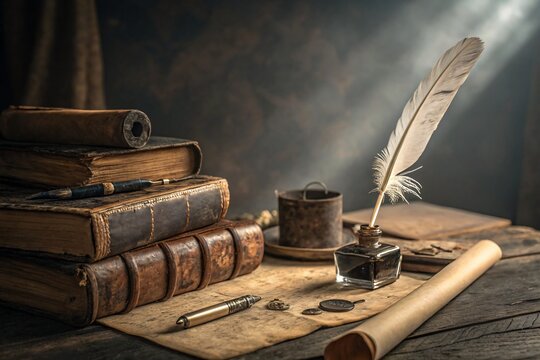 An antique book rests with a plume feather quill and inkwell, evoking vintage writing on aged paper