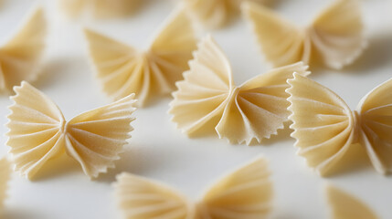 A close-up of farfalle pasta arranged on a clean white surface, showing off the unique butterfly shape with every detail in focus.
