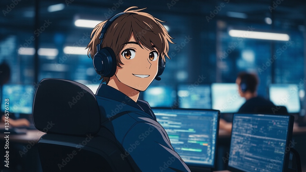 Wall mural anime developer codes on multiple monitors in tech office at night focused on programming