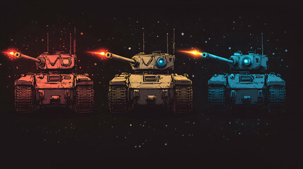 Fototapeta premium Futuristic Tank Squadron: Neon-Colored Digital Art Showcasing Powerful Combat Technology in Modern Warfare